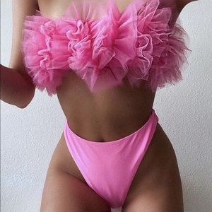 Pink Mesh Bandeau High Cut Bikini Swimsuit